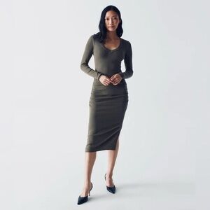 Michael Stars Rouched Bodycon V Neck Long Sleeve Midi Dress Side Slits